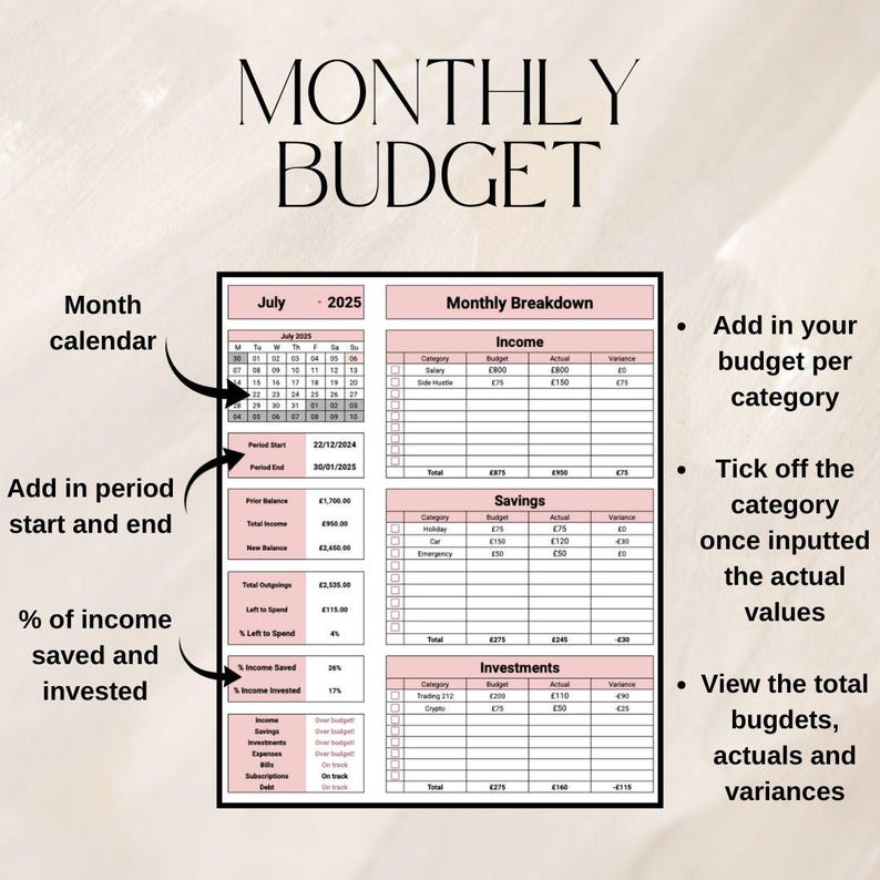 May include: A pink and white monthly budget planner with sections for income, savings, and investments. Includes a calendar for July 2025, with space to add budget details and track actual spending. Features a section to calculate the percentage of income saved and invested.