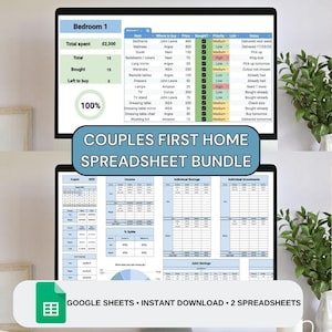 Op de afbeelding: Een digitale spreadsheetbundel voor het eerste huis van een stel, weergegeven op twee computerschermen. Het bovenste scherm toont een slaapkamerbudget en het onderste scherm toont financiële planningsbladen. De bundel bevat Google Sheets.