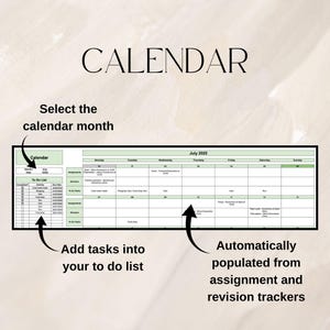 May include: A digital calendar interface with the title "CALENDAR" at the top. The interface includes a month selection, a to-do list, and a calendar grid for July 2025. Arrows point to features like adding tasks and automatic population.