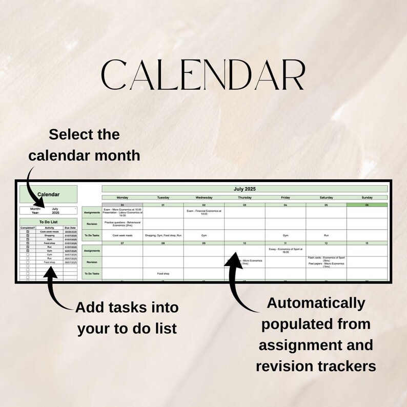 May include: A digital calendar interface with the title "CALENDAR" at the top. The interface includes a month selection, a to-do list, and a calendar grid for July 2025. Arrows point to features like adding tasks and automatic population.