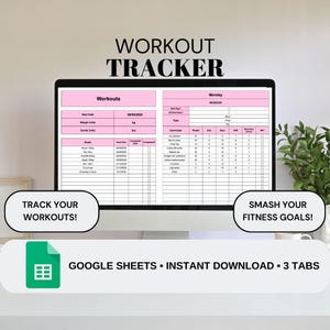 May include: A computer monitor displays a pink and white workout tracker template. The text "WORKOUT TRACKER" is at the top. Below the monitor are the words "TRACK YOUR WORKOUTS!" and "SMASH YOUR FITNESS GOALS!"