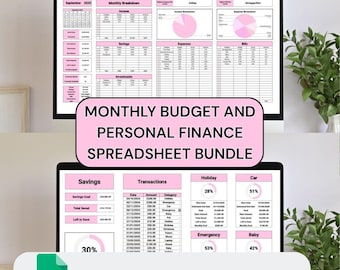 Paquete de presupuesto mensual y seguimiento de finanzas personales en rosa / Hoja de cálculo financiera / Seguimiento de gastos / Seguimiento de ahorros / Seguimiento de deudas