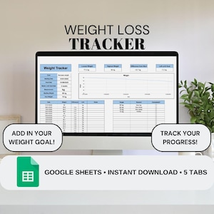 May include: A computer monitor displaying a weight loss tracker spreadsheet. The screen shows data fields for weight, dates, and goals. Text on the screen includes "Weight Loss Tracker", "Add in your weight goal!", and "Track your progress!"