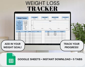 Puede incluir: Un monitor de ordenador que muestra una hoja de cálculo de seguimiento de pérdida de peso. La pantalla muestra campos de datos para el peso, las fechas y los objetivos. El texto en la pantalla incluye "Weight Loss Tracker", "Add in your weight goal!" y "Track your progress!"