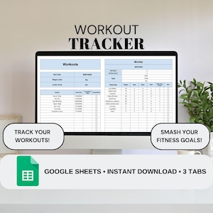 Può includere: Un monitor di computer mostra un modello di monitoraggio dell'allenamento. Lo schermo mostra sezioni per allenamenti, obiettivi e dettagli degli esercizi. Il testo sullo schermo include "Workout Tracker", "Track Your Workouts!" e "Smash Your Fitness Goals!". Il banner in basso recita "Google Sheets • Instant Download • 3 Tabs."