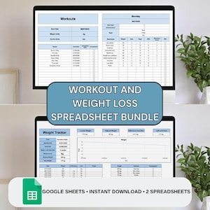 May include: A digital workout and weight loss spreadsheet bundle displayed on two computer screens. The spreadsheets include sections for tracking workouts, weight, and goals. The image also includes the text "WORKOUT AND WEIGHT LOSS SPREADSHEET BUNDLE".