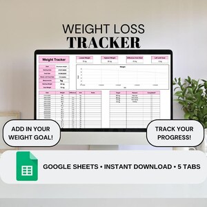 Könnte beinhalten: Ein Computermonitor, der eine Tabellenkalkulation zur Gewichtsverfolgung anzeigt. Der Bildschirm zeigt Felder für Gewicht, Datum und Fortschritt. Der Text auf dem Bildschirm lautet "Weight Loss Tracker", "Add in your weight goal!" und "Track your progress!"