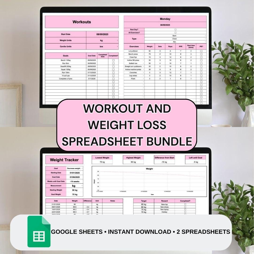 Pink Fitness Tracker Spreadsheet Bundle: Workout & Weight Loss (google ...