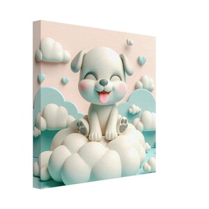 Cute Canvas Print – Cartoon Style Dog on Clouds with Hearts