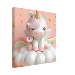 Zauberhafter Leinwanddruck - Cartoon-Stil Einhorn auf Wolke mit Regenbogen