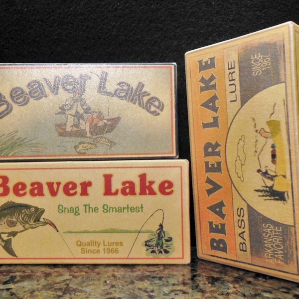 Beaver Lake Arkansas fishing lure boxes make great lake house cabin decorations