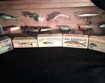Lake Arrowhead lake house fishing cabin decor nostalgic fishing lure boxes