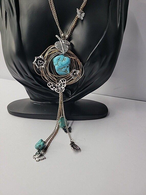 Vintage Boho Mixed Metal Blue Nugget Pendant Neck… - image 7