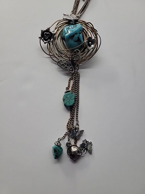 Vintage Boho Mixed Metal Blue Nugget Pendant Neck… - image 8