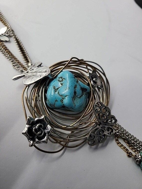 Vintage Boho Mixed Metal Blue Nugget Pendant Neck… - image 14