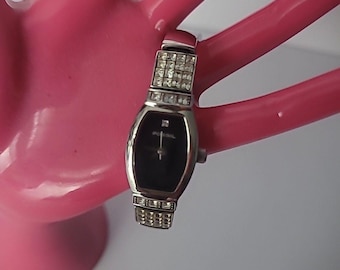 Vintage Fossil F2 Silver Ton Stainless Steel Wristwatch Watch Womens Black Dial