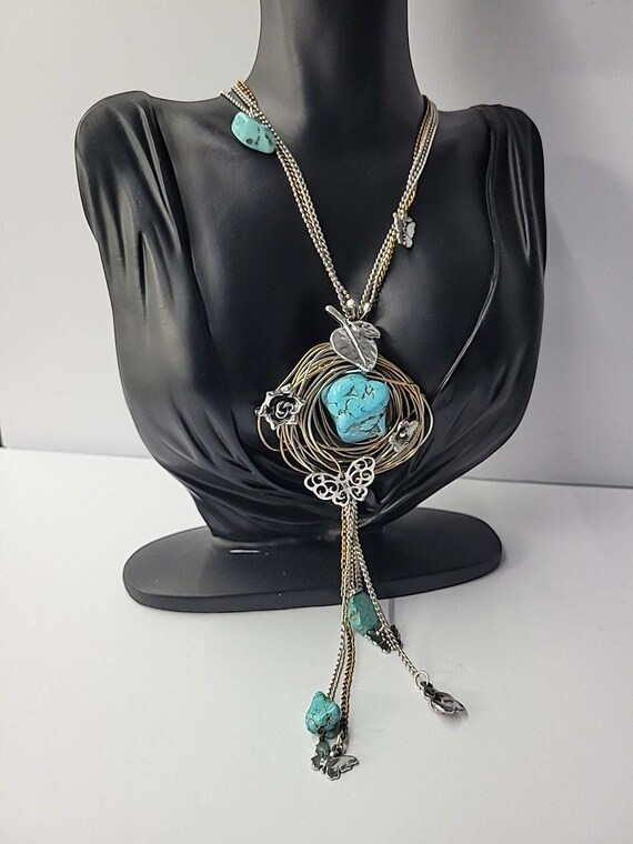 Vintage Boho Mixed Metal Blue Nugget Pendant Neck… - image 4