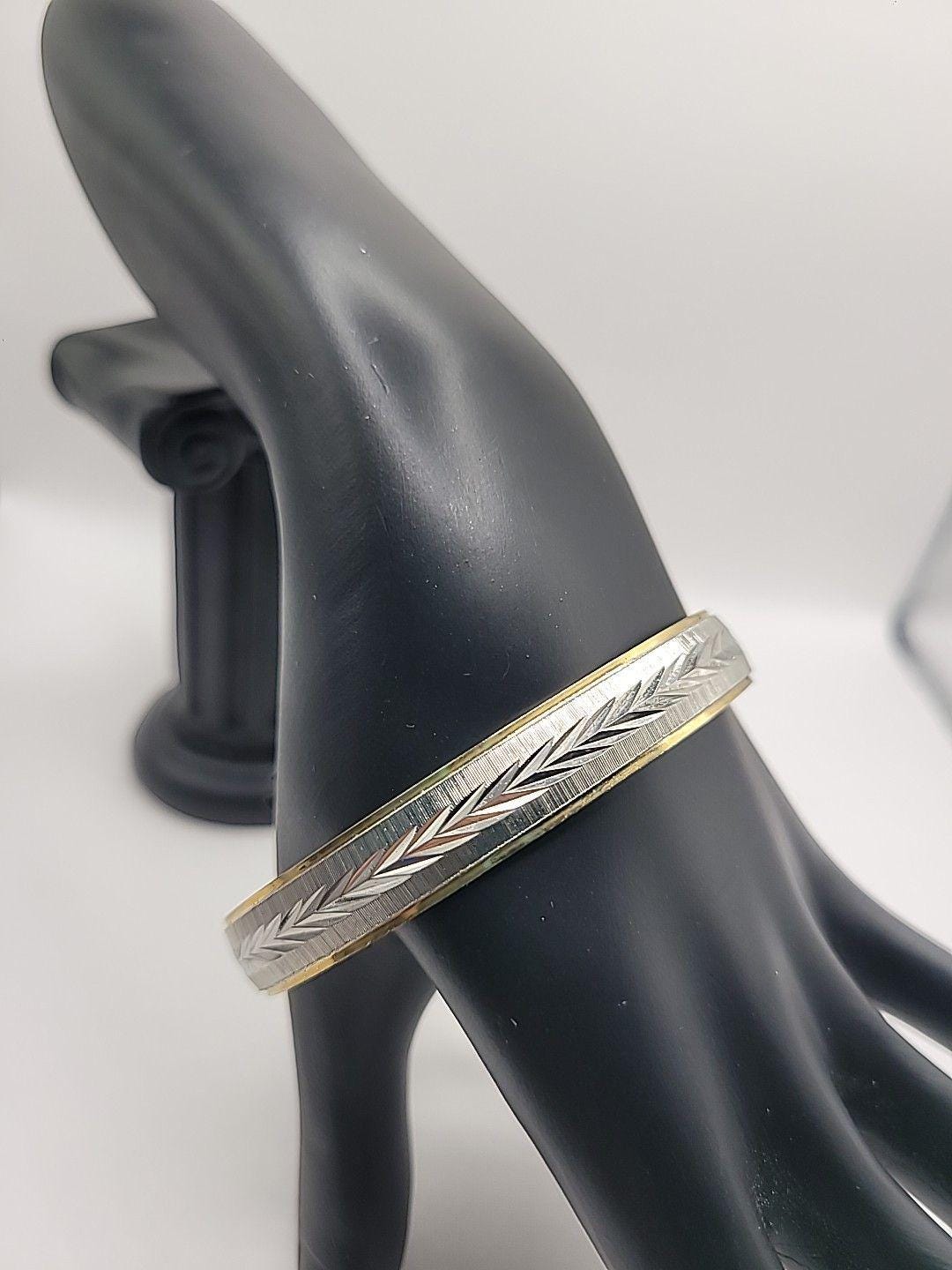 Vintage Two Tone Etched Chevron Bangle Bracelet Silver Gold Tone ...