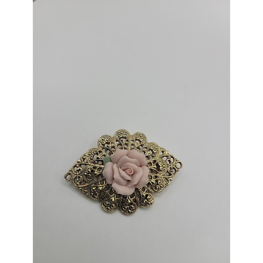 Vintage Gold Tone Filigree Pink Rose Brooch Pin Victorian Revival ...