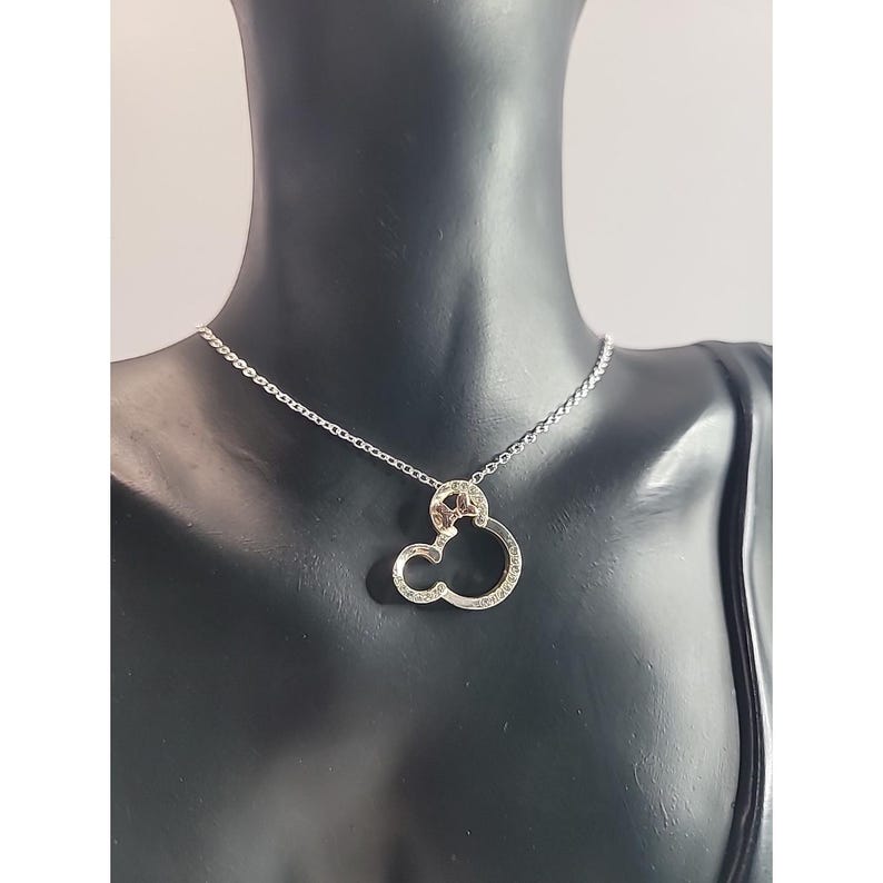 Disney Minnie Mouse Rhinestone Necklace Silver Tone Bow Pendant immagine 1