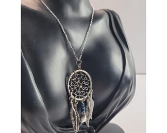 Dreamcatcher Pendant Necklace Feather Charms Black Bead Boho Silver Tone