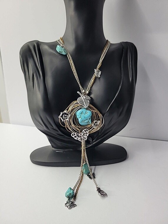 Vintage Boho Mixed Metal Blue Nugget Pendant Neck… - image 5