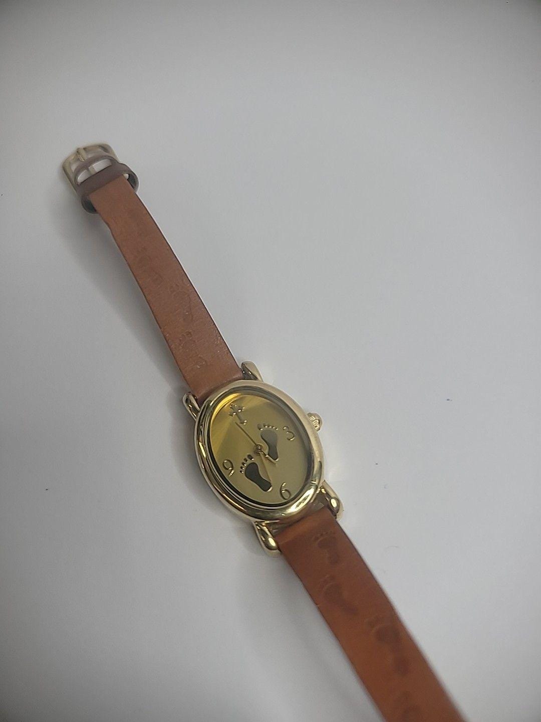 Vintage Wristwatch Watch Womens Footprints Gold Tone Brown Band - Etsy