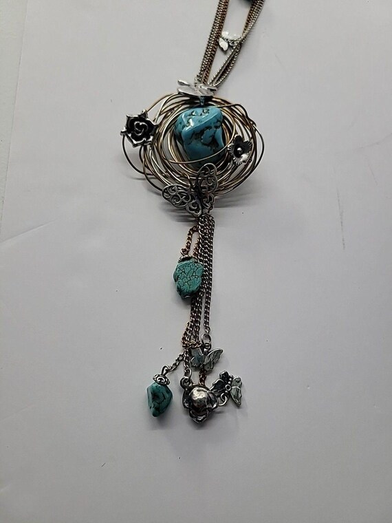 Vintage Boho Mixed Metal Blue Nugget Pendant Neck… - image 9