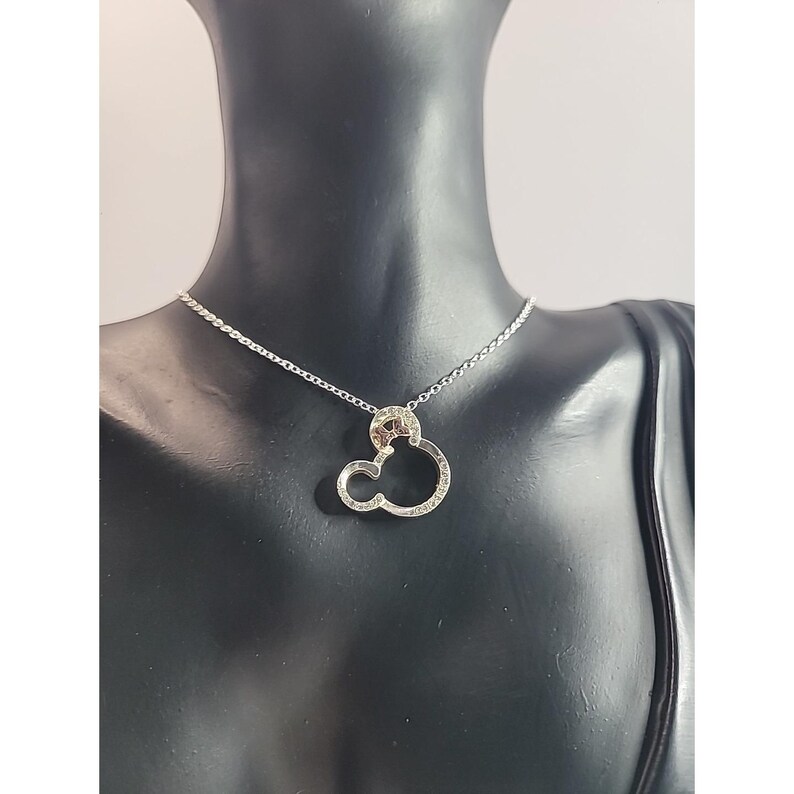 Disney Minnie Mouse Rhinestone Necklace Silver Tone Bow Pendant immagine 2