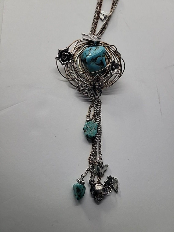 Vintage Boho Mixed Metal Blue Nugget Pendant Neck… - image 12