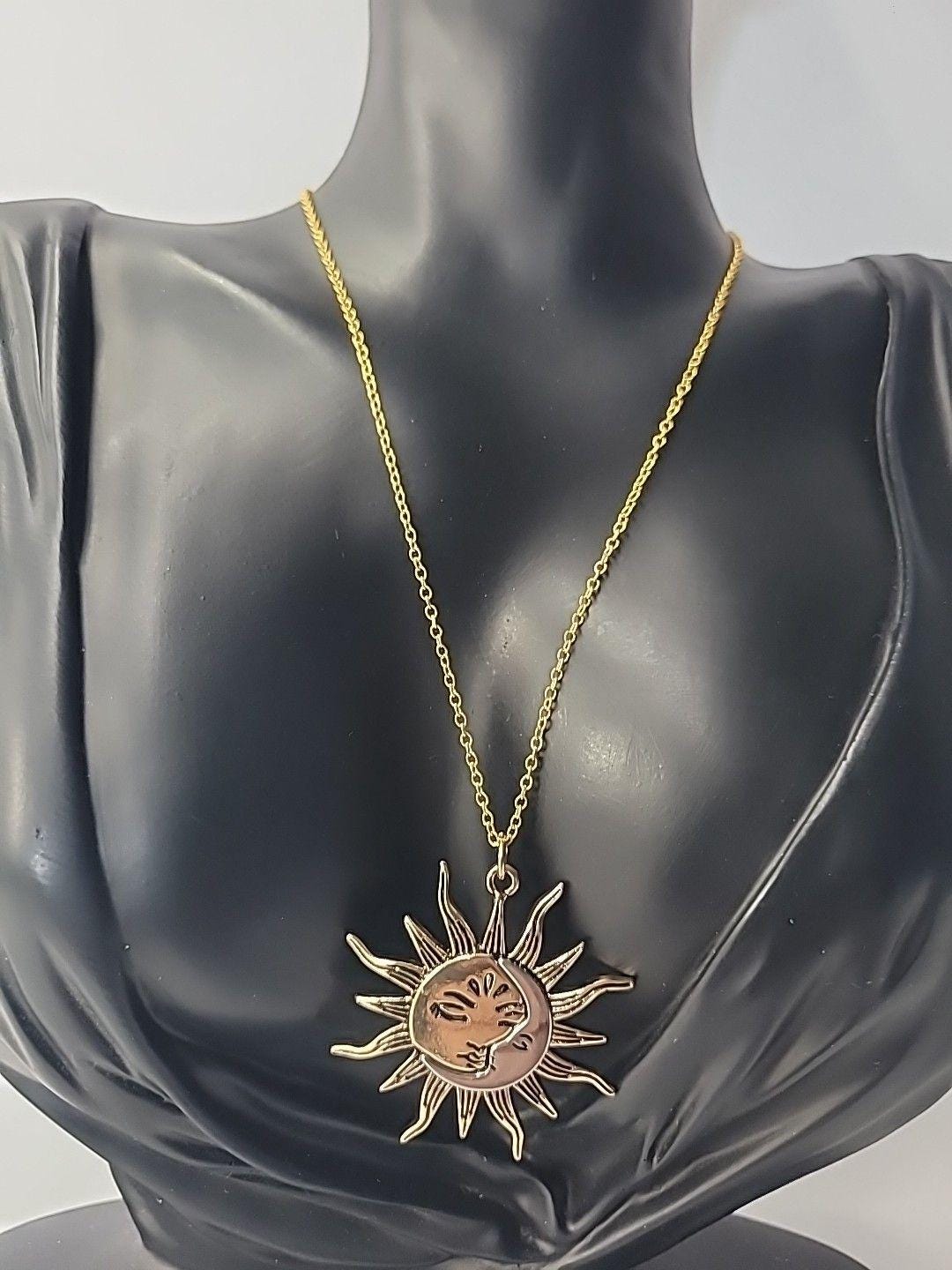Sun Moon Necklace Gold Tone Celestial Face Pendant Boho Astrology Two Tone