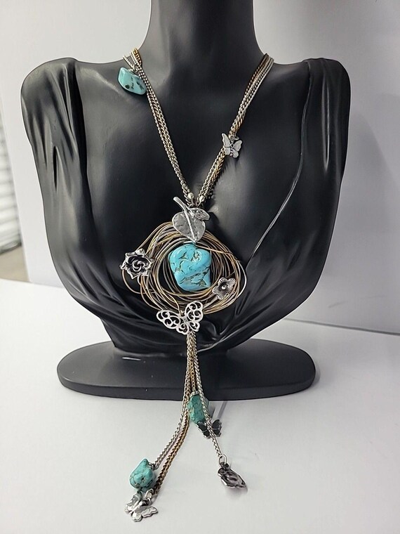 Vintage Boho Mixed Metal Blue Nugget Pendant Neck… - image 1