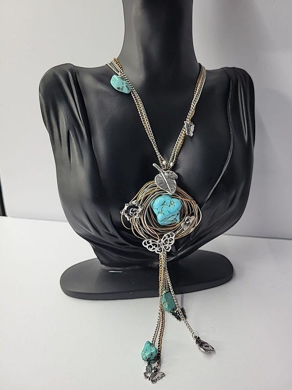 Vintage Boho Mixed Metal Blue Nugget Pendant Neck… - image 3