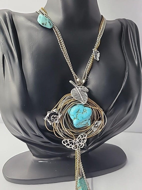 Vintage Boho Mixed Metal Blue Nugget Pendant Neck… - image 6