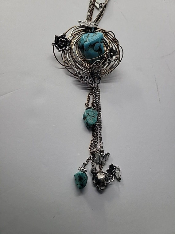 Vintage Boho Mixed Metal Blue Nugget Pendant Neck… - image 13