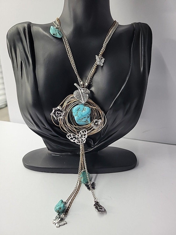 Vintage Boho Mixed Metal Blue Nugget Pendant Neck… - image 2