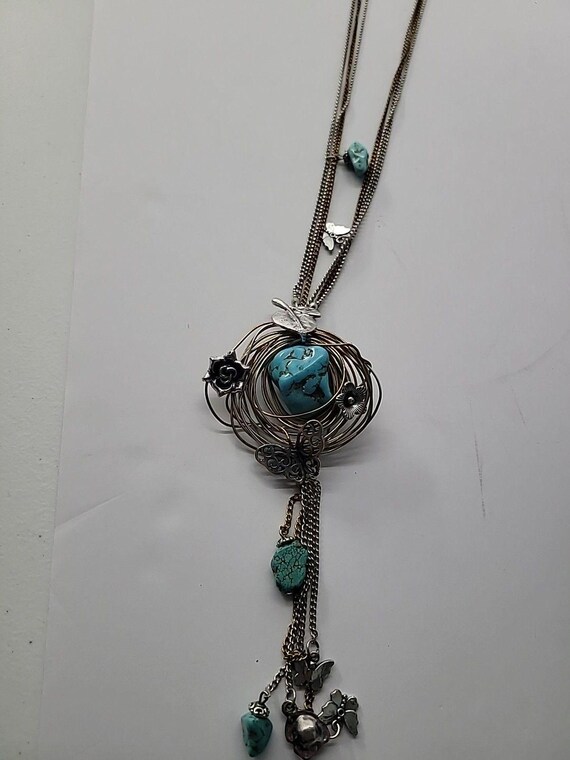 Vintage Boho Mixed Metal Blue Nugget Pendant Neck… - image 10