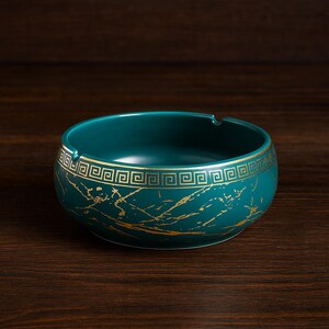 Luxury Ceramic Ashtray for Home Decor | Large Decorative Ashtray for Table | Elegant Teal Gold Marble Design | Smoking Gift for Her