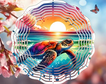 May include: A colorful metal wind spinner with a sea turtle swimming in the ocean. The background features a sunset over the water with waves.