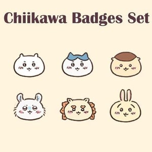 May include: A set of six Chiikawa character badges featuring different expressions. The badges are perfect for use as Twitch or Discord emotes, sub/bit badges, or Discord role icons. The text "Chiikawa Badges Set" is at the top of the image. The text "Twitch/Discord Emotes", "Sub/Bit Badges", and "Discord Role Icon" are in the middle of the image. The text "@icamefromars" is at the bottom of the image.