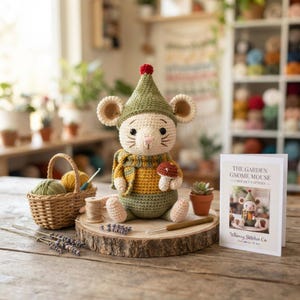 Könnte beinhalten: Eine gehäkelte Mauspuppe mit einer grünen Zipfelmütze mit rotem Bommel, einem gelb-grün gestreiften Schal und einem gelb-grünen Pullover. Die Maus hält einen kleinen rot-weißen Pilz. Daneben liegt eine Anleitungskarte mit dem Titel The Garden Gnome Mouse.
