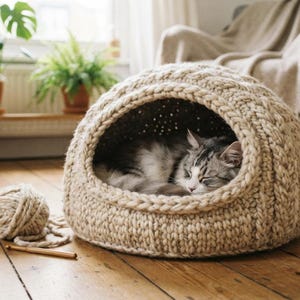 Puede incluir: Una cama para mascotas en forma de cúpula, tejida en punto grueso de color beige con un borde trenzado grueso. Un gato atigrado gris y blanco está acurrucado dentro. Un ovillo de lana a juego y un ganchillo de madera están en el suelo.