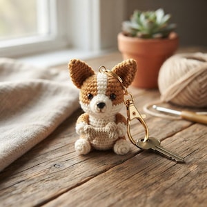 May include: A crocheted corgi keyring featuring a brown and white dog holding a small bone. The plush figure has pointed ears, black eyes, and a dark nose. A gold-toned metal lobster clasp and a single silver key are attached to the top of the head.