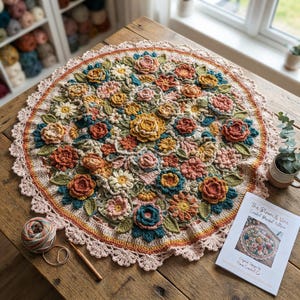 May include: A round, multi-colored crochet blanket featuring a dense, textured floral pattern with roses, daisies, and leaves in shades of pink, yellow, orange, teal, and green, finished with a scalloped edge and accompanied by a pattern booklet.