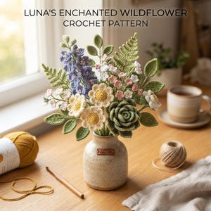 May include: A crochet bouquet featuring purple delphiniums, cream daisies, pink blossoms, a green succulent, and fern leaves in a speckled ceramic vase with a leather tag labeled LUNA'S CROCHET. Text reads LUNA'S ENCHANTED WILDFLOWER CROCHET PATTERN.