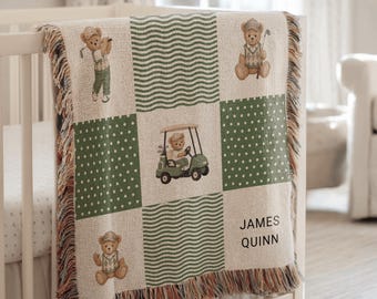 Personalisierte Golf Babydecke, Teddybär Kinderzimmer Decke, Benutzerdefinierte Baby Name Decke, Patchwork Golf Babydecke