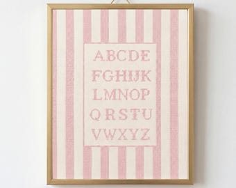 Kreuzstich Effekt rosa Alphabet Kinderzimmer Druck, Vintage Baby Mädchen Kinderzimmer Dekor