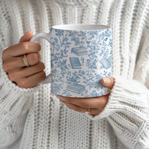 Blue Toile de Jouy Book Lover Mug: French Chinoiserie Coffee Cup