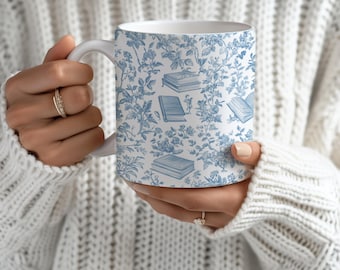 Blue French Toile de Jouy Chinoiserie Mug - Gift for Book Lover, Coffee Cup, Tea Mug, Literary Mug, Reader Gift