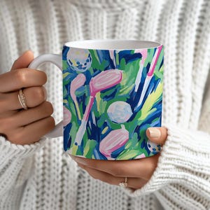 レディース ゴルフ コーヒーマグ - ゴルファーへのプレッピーなネイビー＆ピンクのギフト - 女性用ゴルフギフト - ゴルフガールへのシックなギフト
